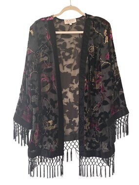 Vintage J.R. Nites Black Sheer Velvet Embroidered Open Front Kimono Fringe Trim